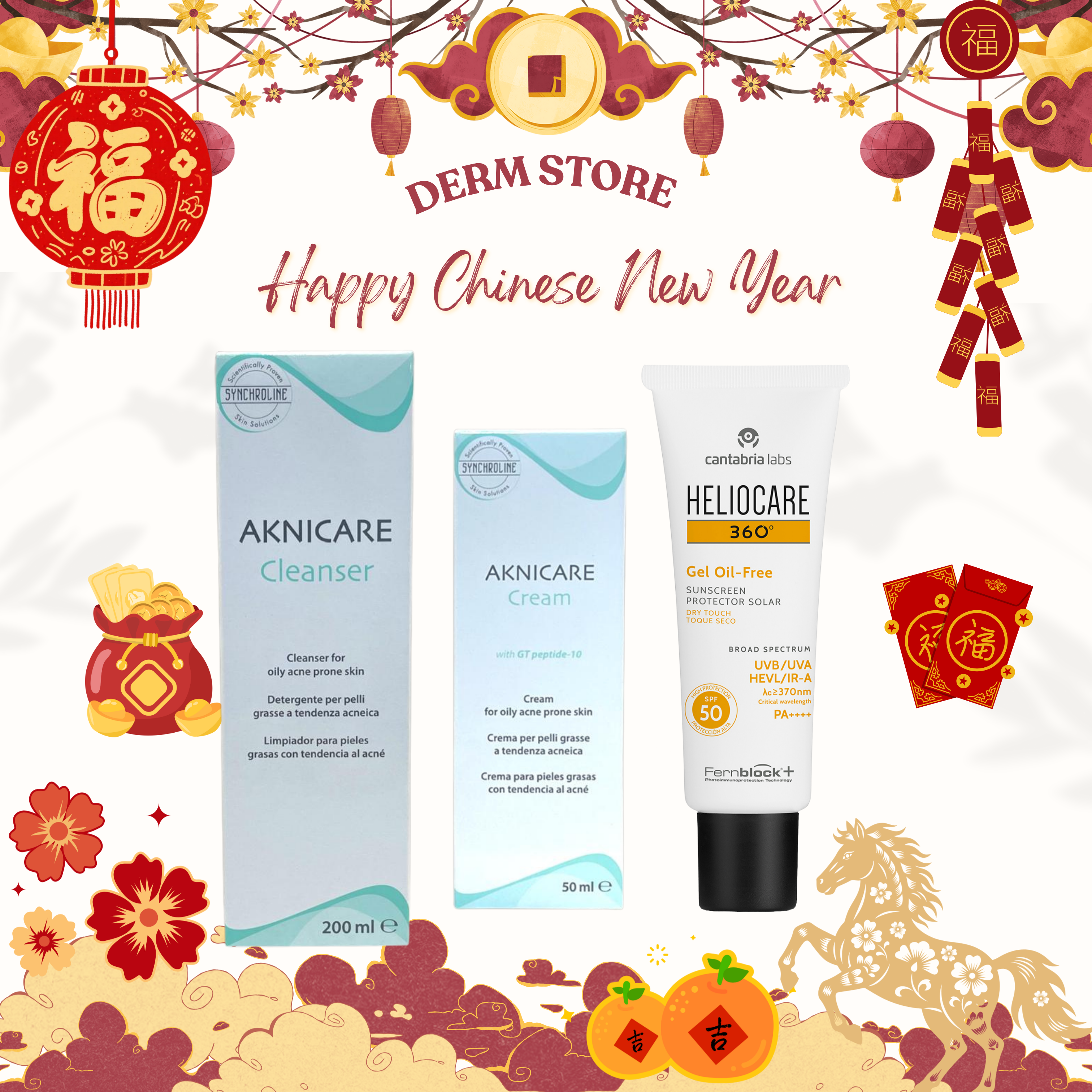 Aknicare Acne Care Clarity Set (Aknicare Cleanser 200ML + Aknicare Cream 50ML + Heliocare Gel Oil Free SPF50 50ML)