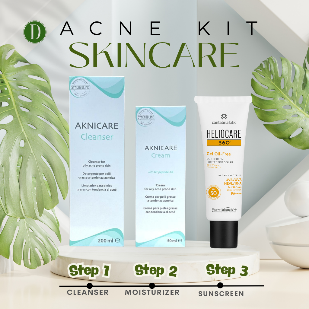 Aknicare Acne Care Clarity Set (Aknicare Cleanser 200ML + Aknicare Cream 50ML + Heliocare Gel Oil Free SPF50 50ML)