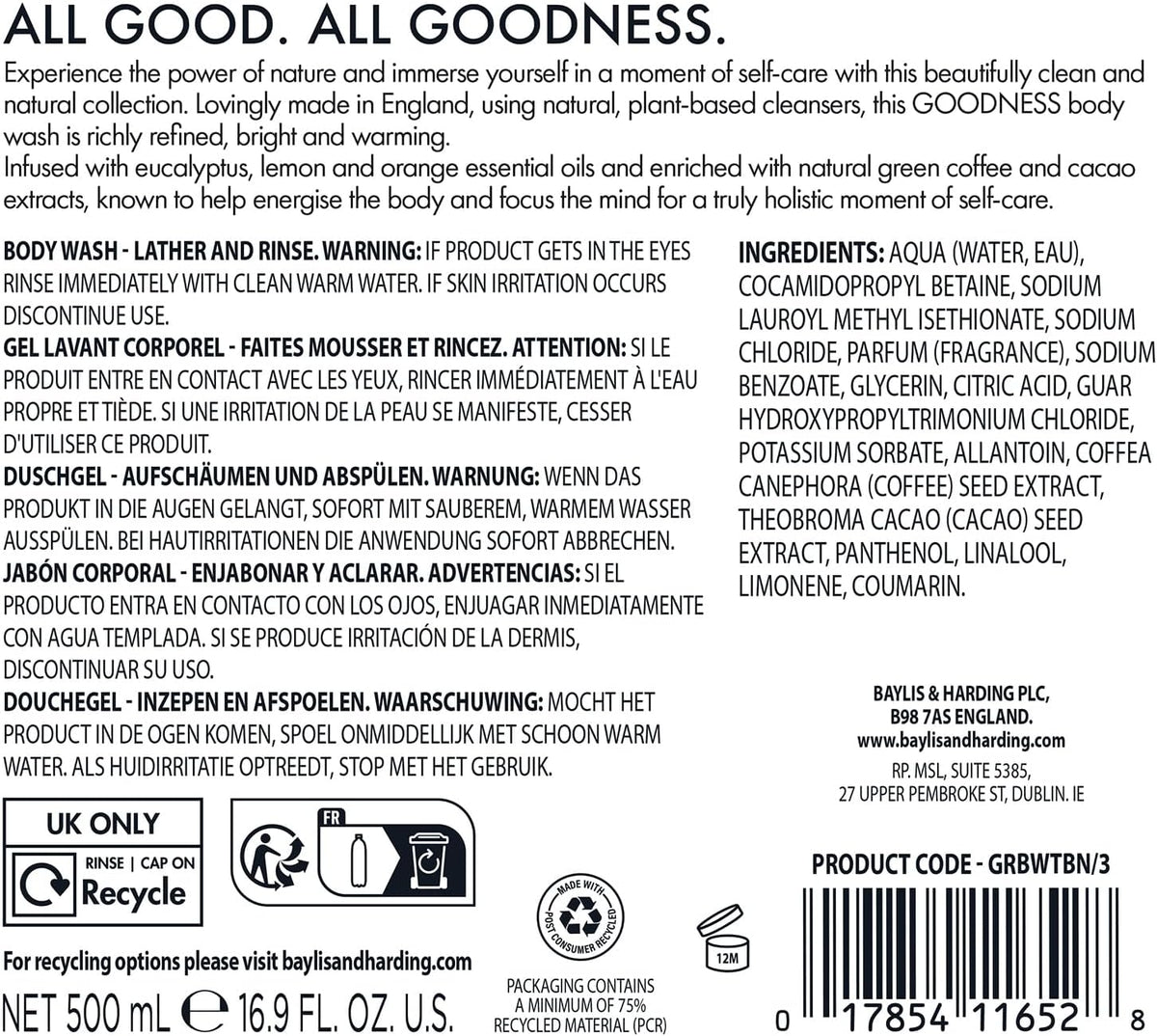 Baylis & Harding Goodness Tonka Bean & Neroli Natural Body Wash 500ML